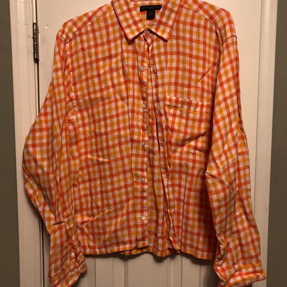 Banana Republic Orange Gingham linen shirt EUC
